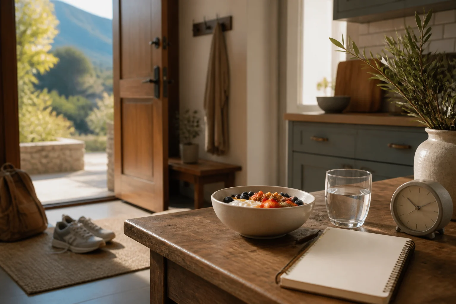 Fictional return home with breakfast, movement and a blank weekly plan