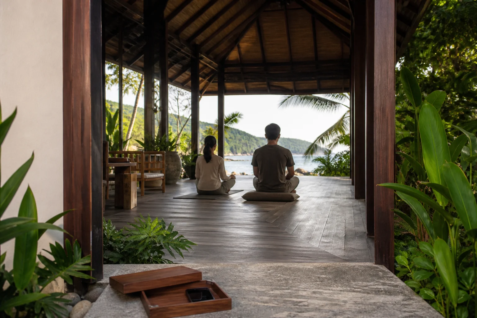 Pavillon de bien-être tropical fictif avec smartphone déposé volontairement