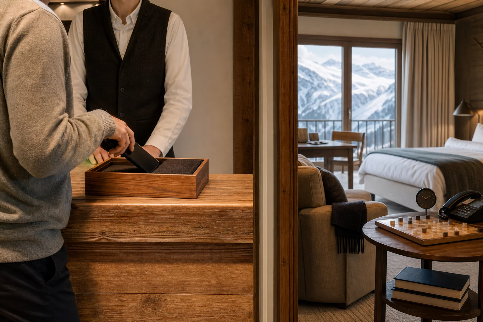 Remise fictive d’un smartphone dans un hôtel alpin près d’une chambre sans télévision
