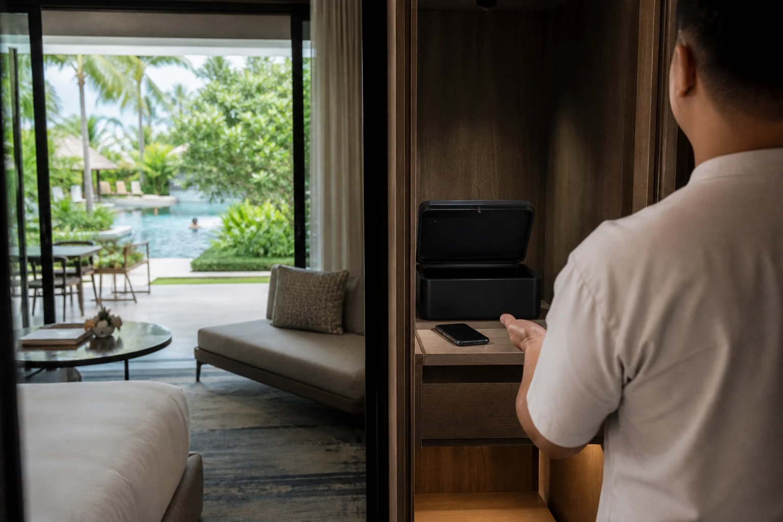 Chambre de resort tropical fictive avec coffret ouvert et concierge