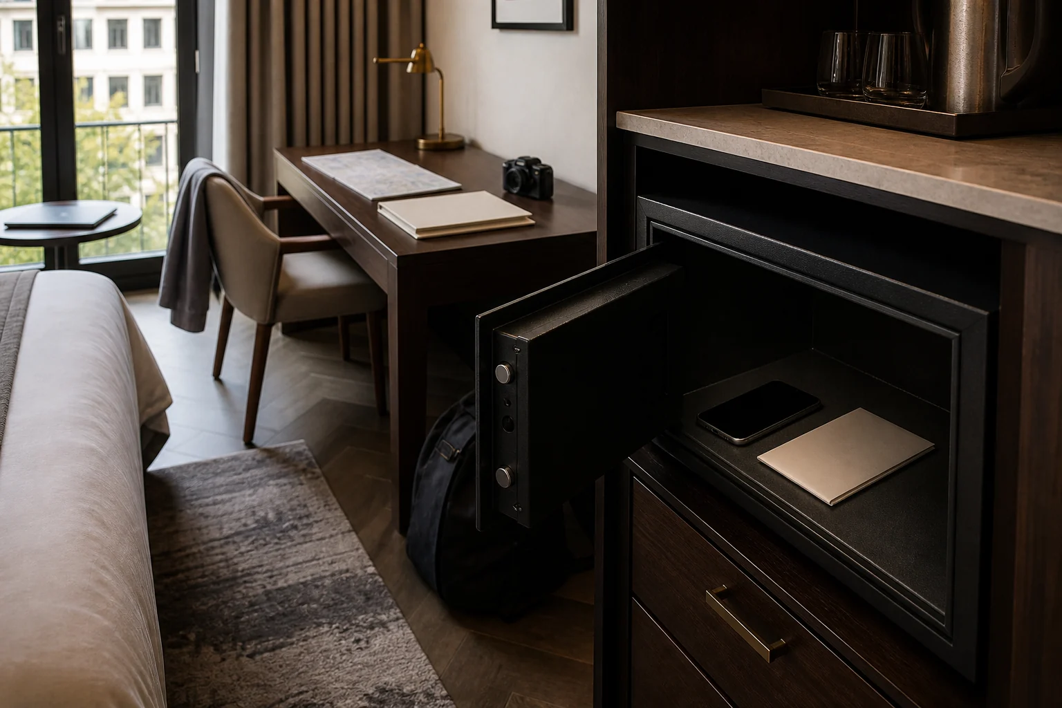 Chambre d’hôtel fictive avec smartphone et copies vierges rangés séparément