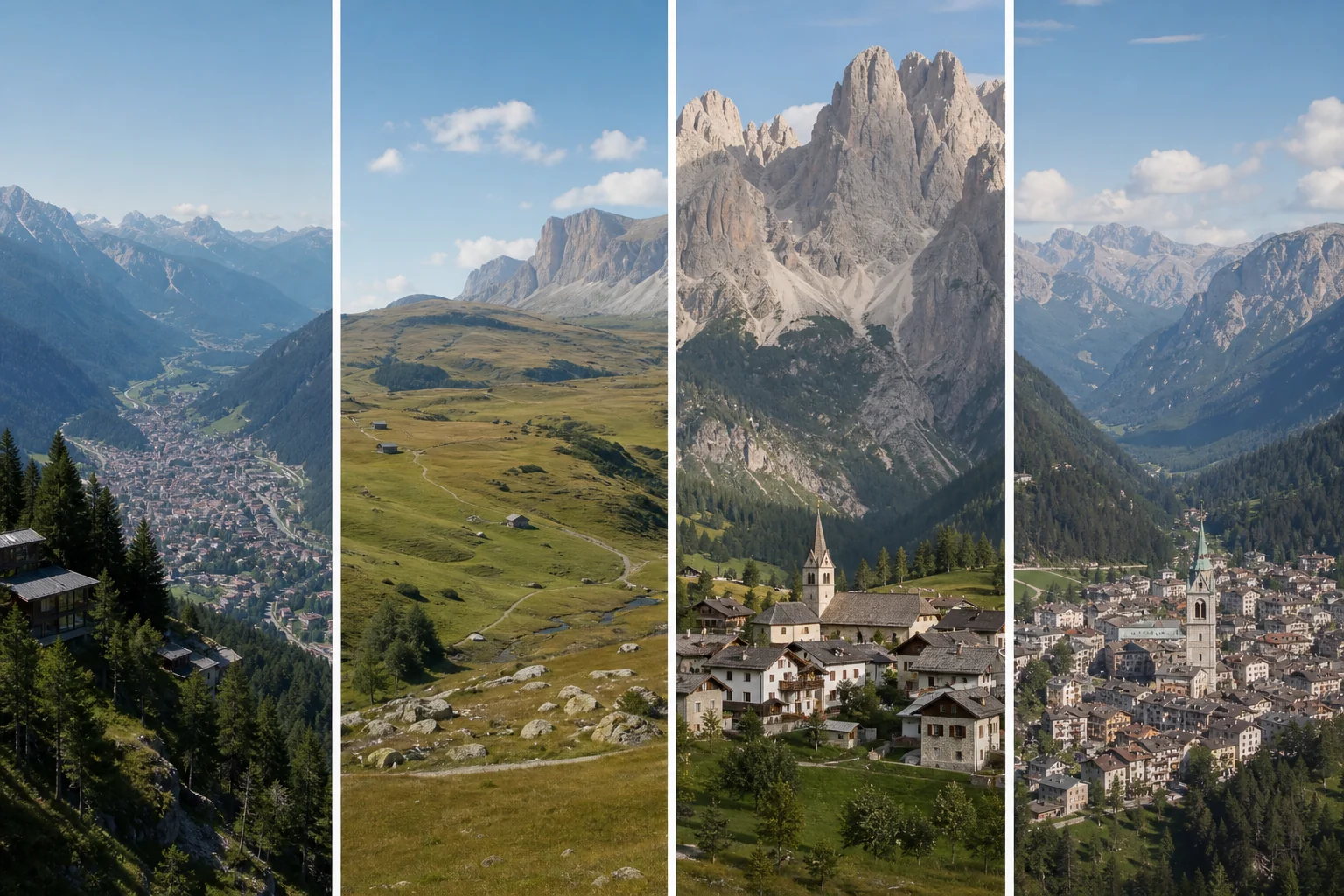 Fictional comparison of different valley, high-plateau and town structures in the Dolomites