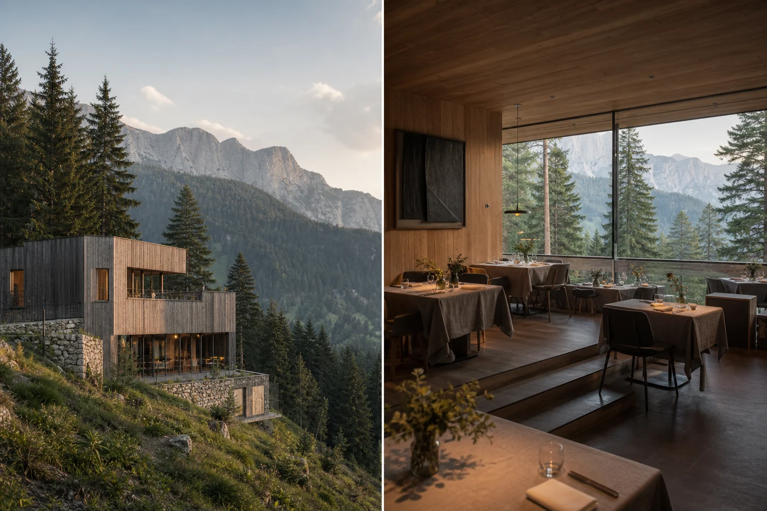 Fictional forest retreat with restrained architecture and stepped dining room