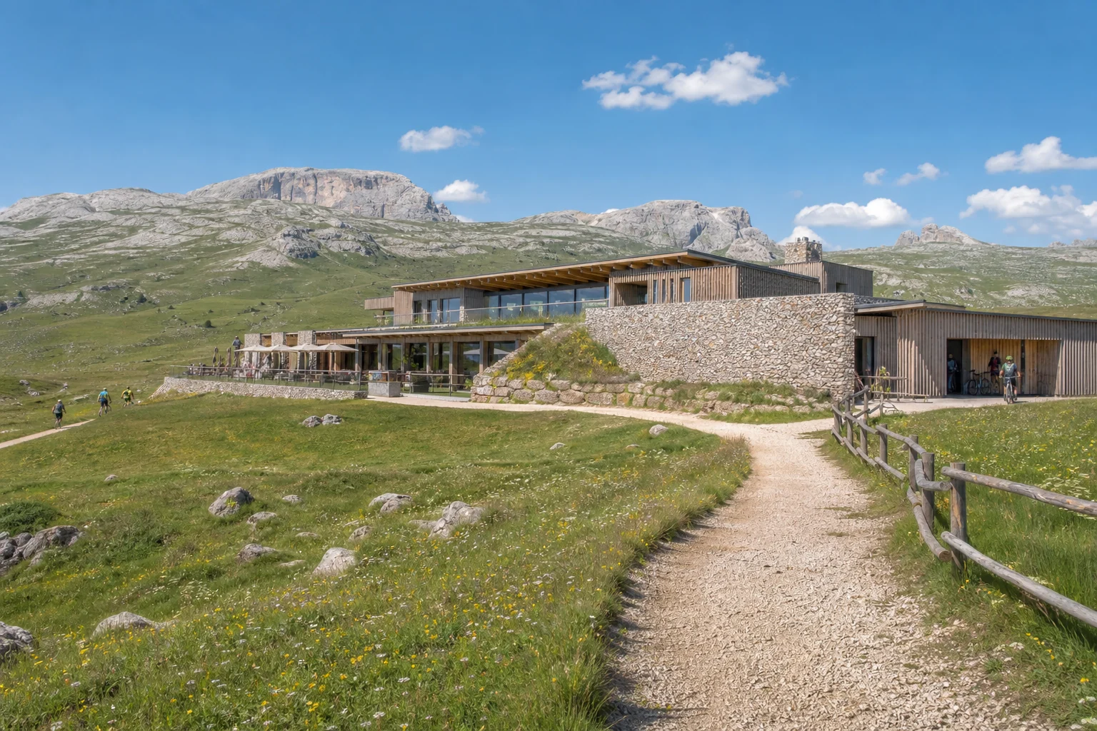 Fictional contemporary mountain hotel on a broad summer high plateau