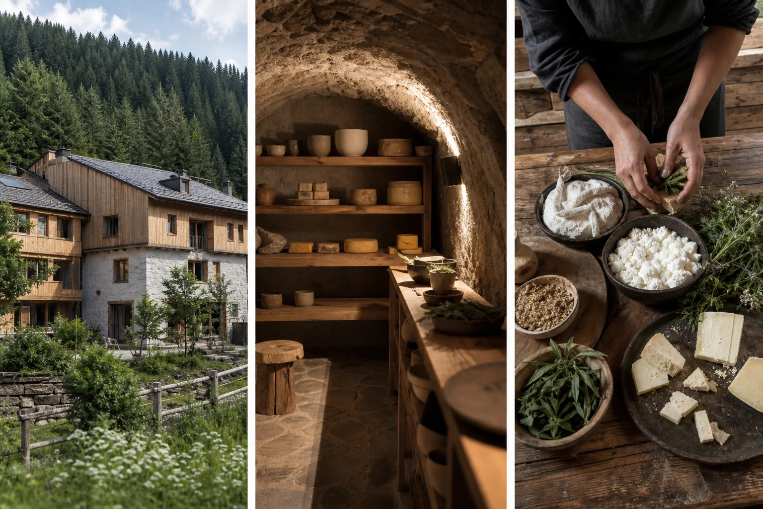 Fictional sequence of mountain-village lodge, cheese cellar and alpine ingredients