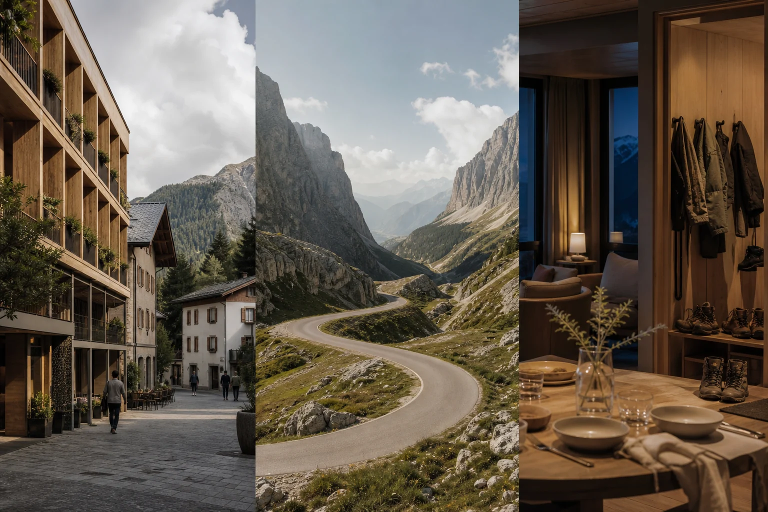 Fictional comparison of alpine town hotel, pass road and functional evening rhythm