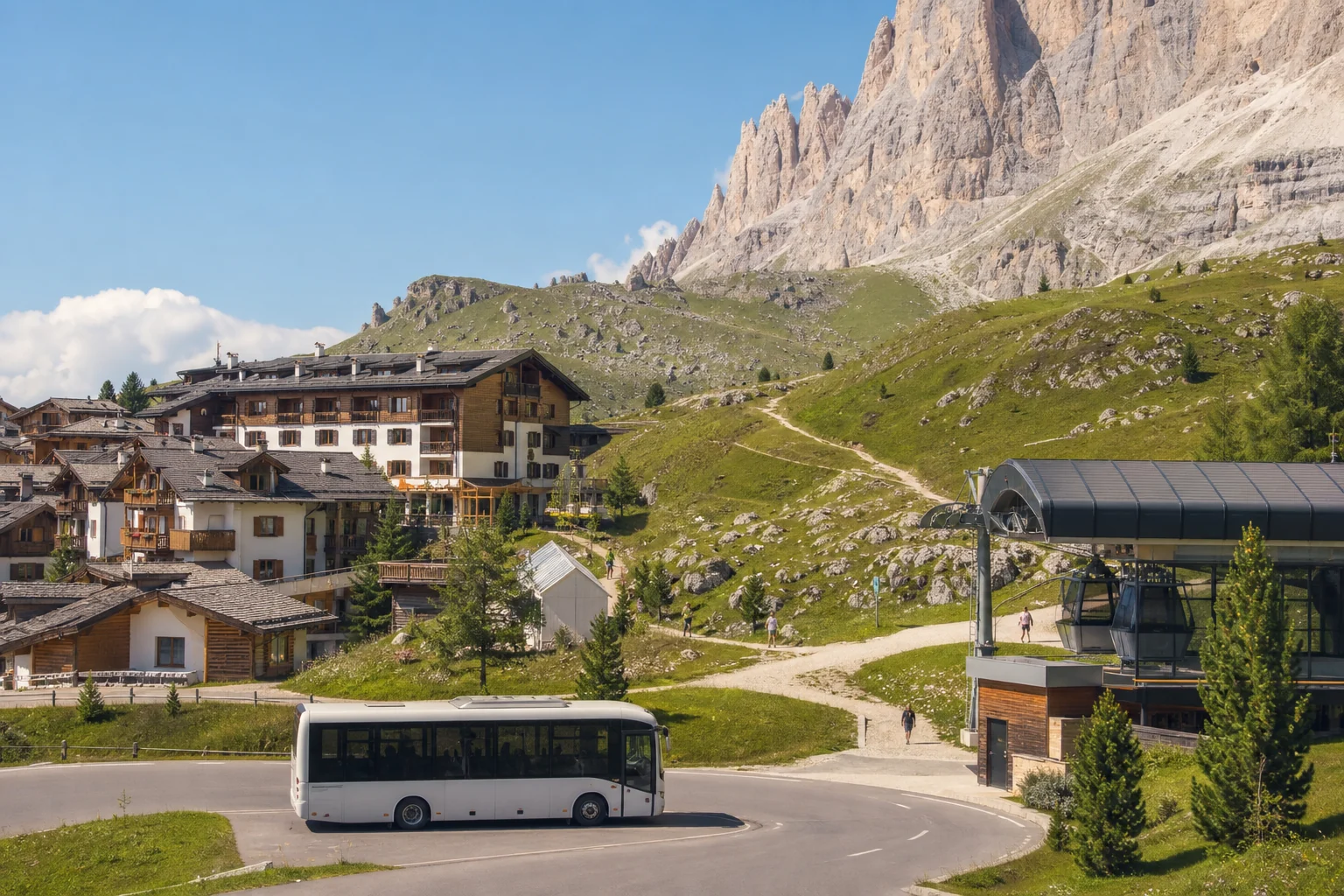Base alpine fictive avec village, hôtel, bus local et télécabine