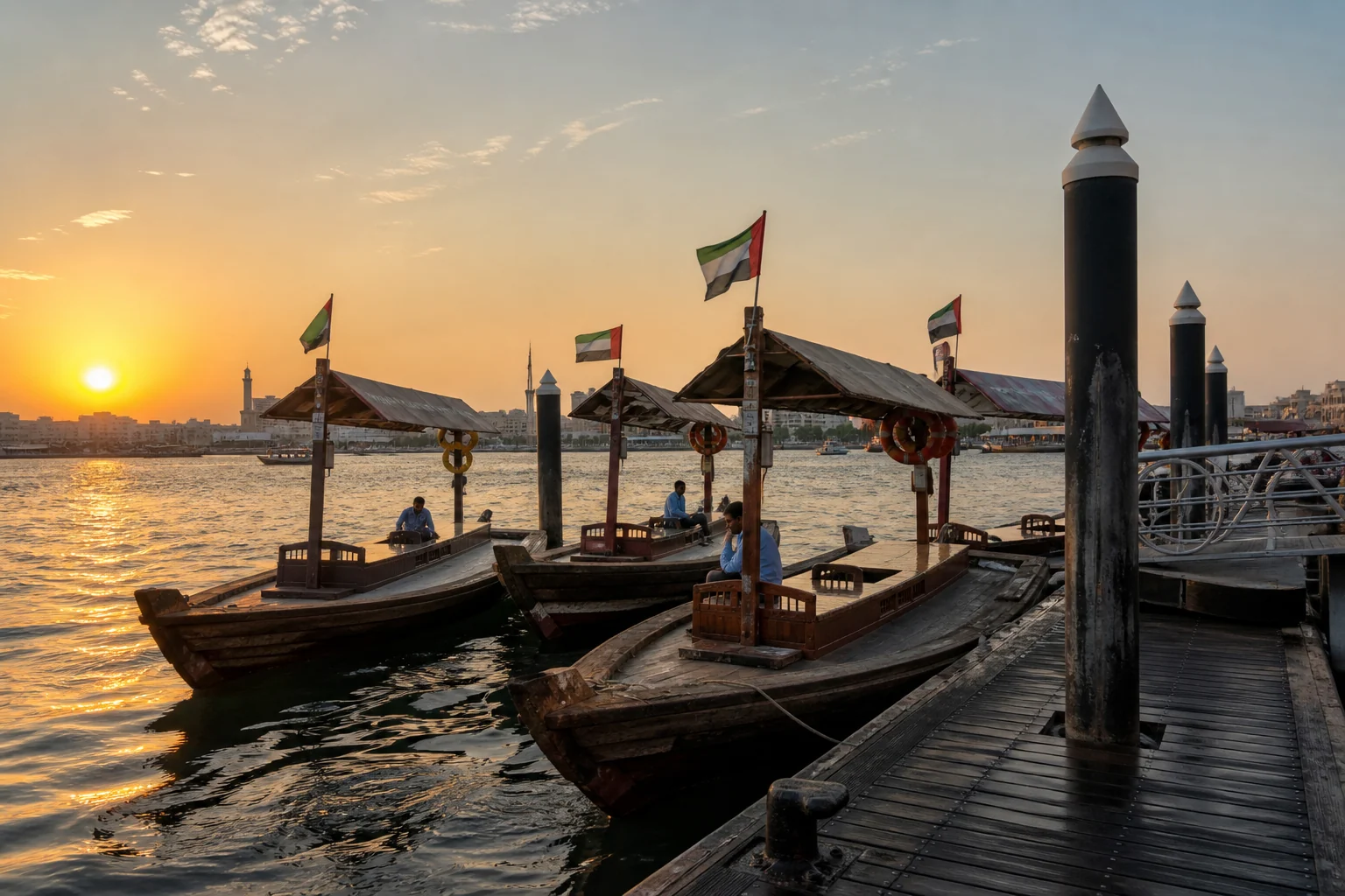 Traditional abra ferry boats at a landing on Dubai Creek