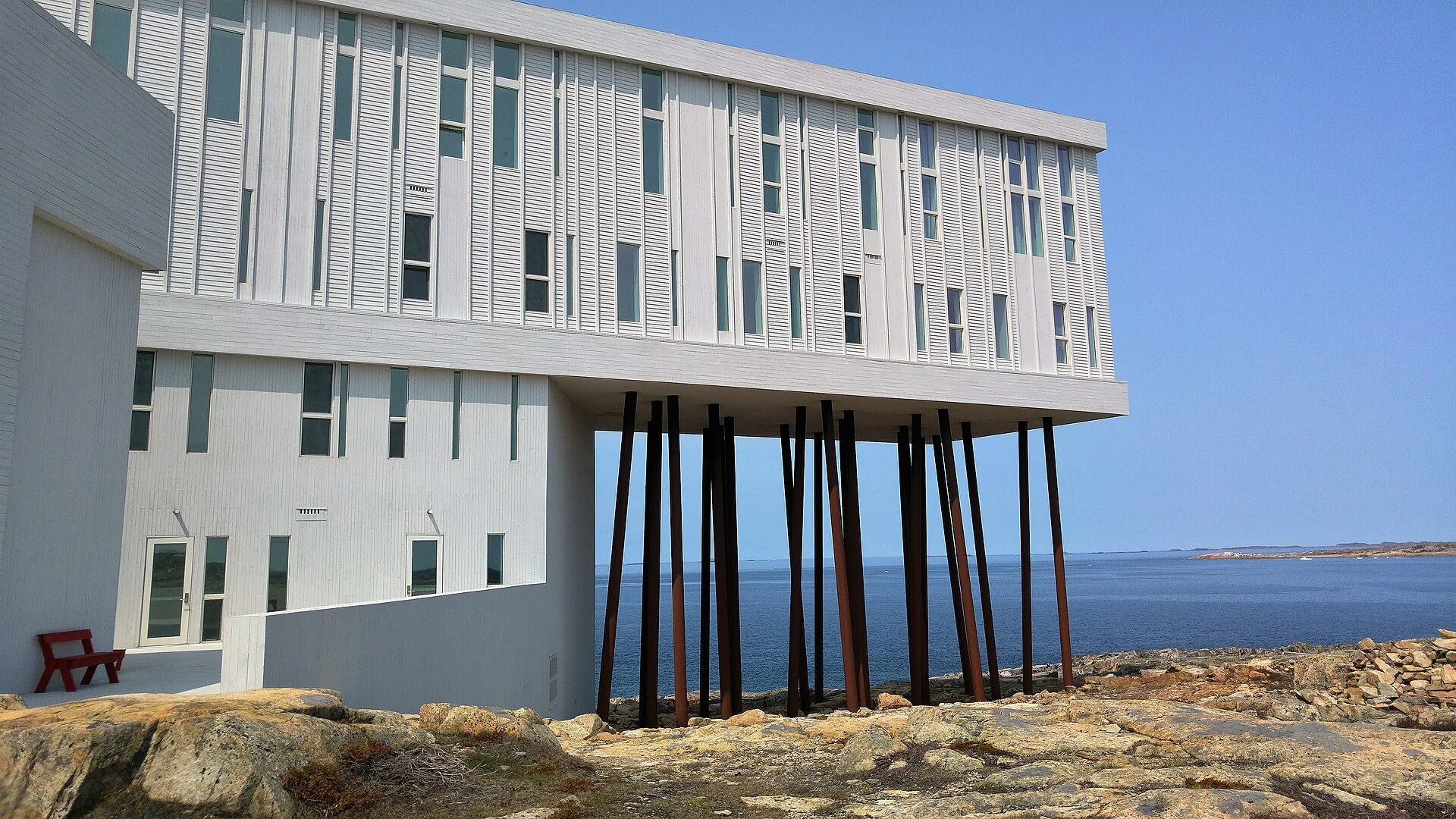 Facade detail and raised construction of Fogo Island Inn
