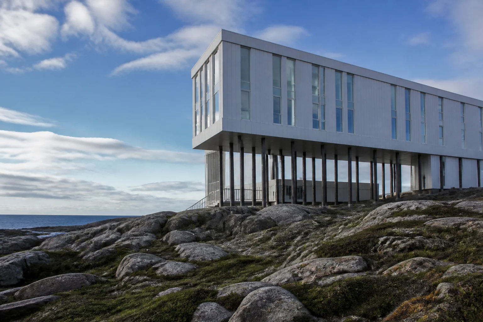 Facade detail and raised construction of Fogo Island Inn