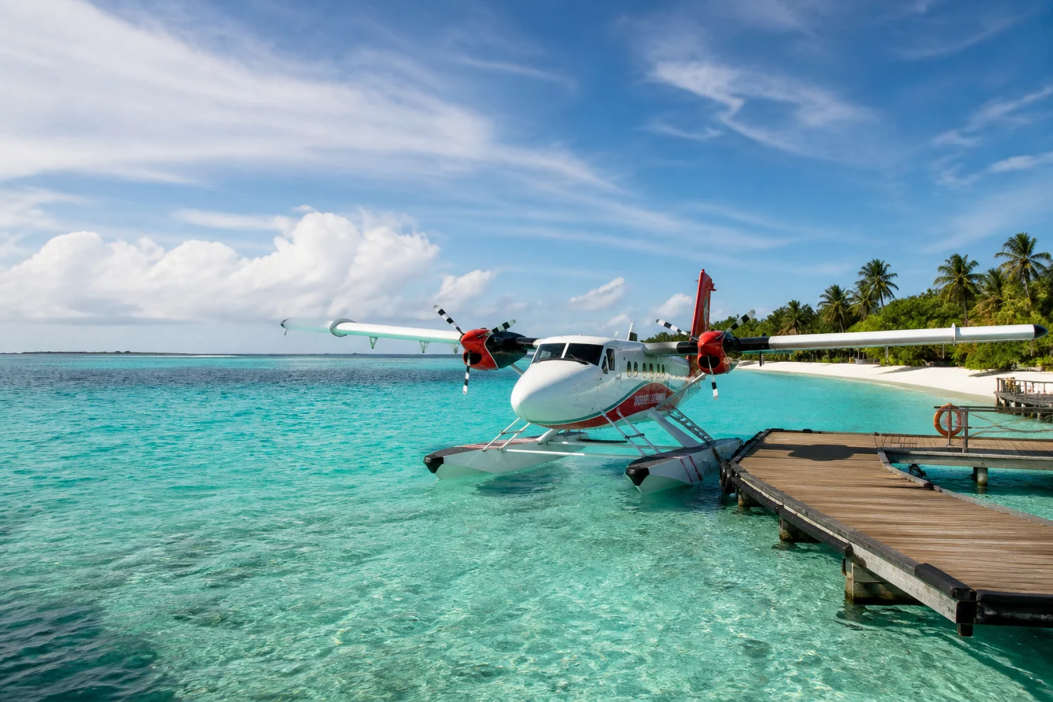 Seaplane at an island-resort jetty in the Maldives