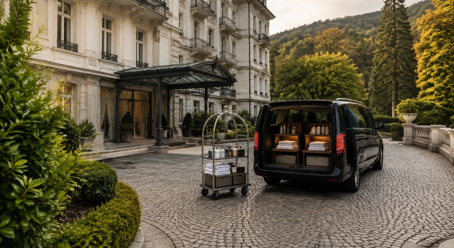 Photorealistic illustration for europe thermal baths grand hotels: logistics and service