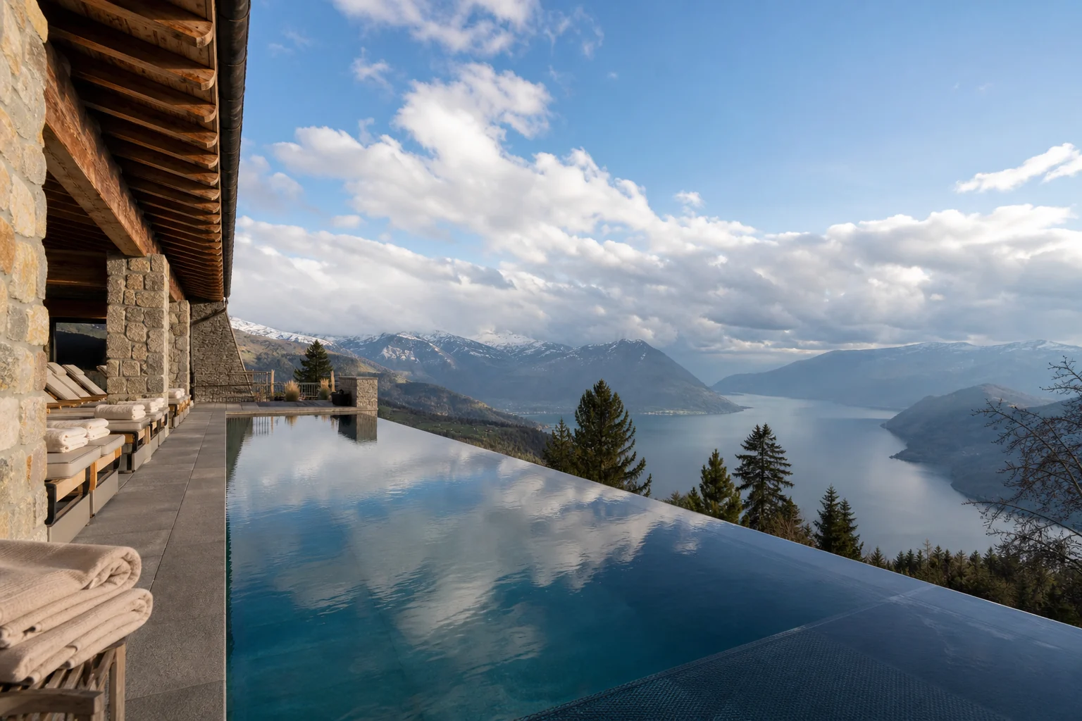 Piscine à débordement alpine fictive au-dessus d’un lac suisse