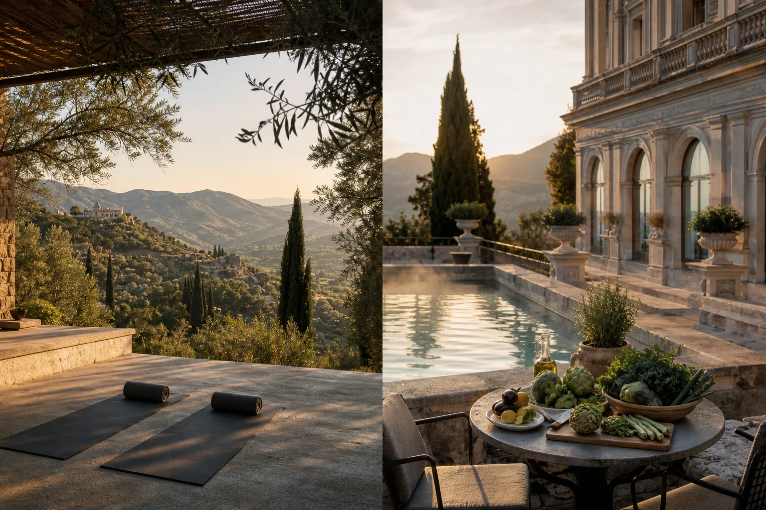 Comparaison fictive entre retraite du Péloponnèse et spa de grand hôtel italien