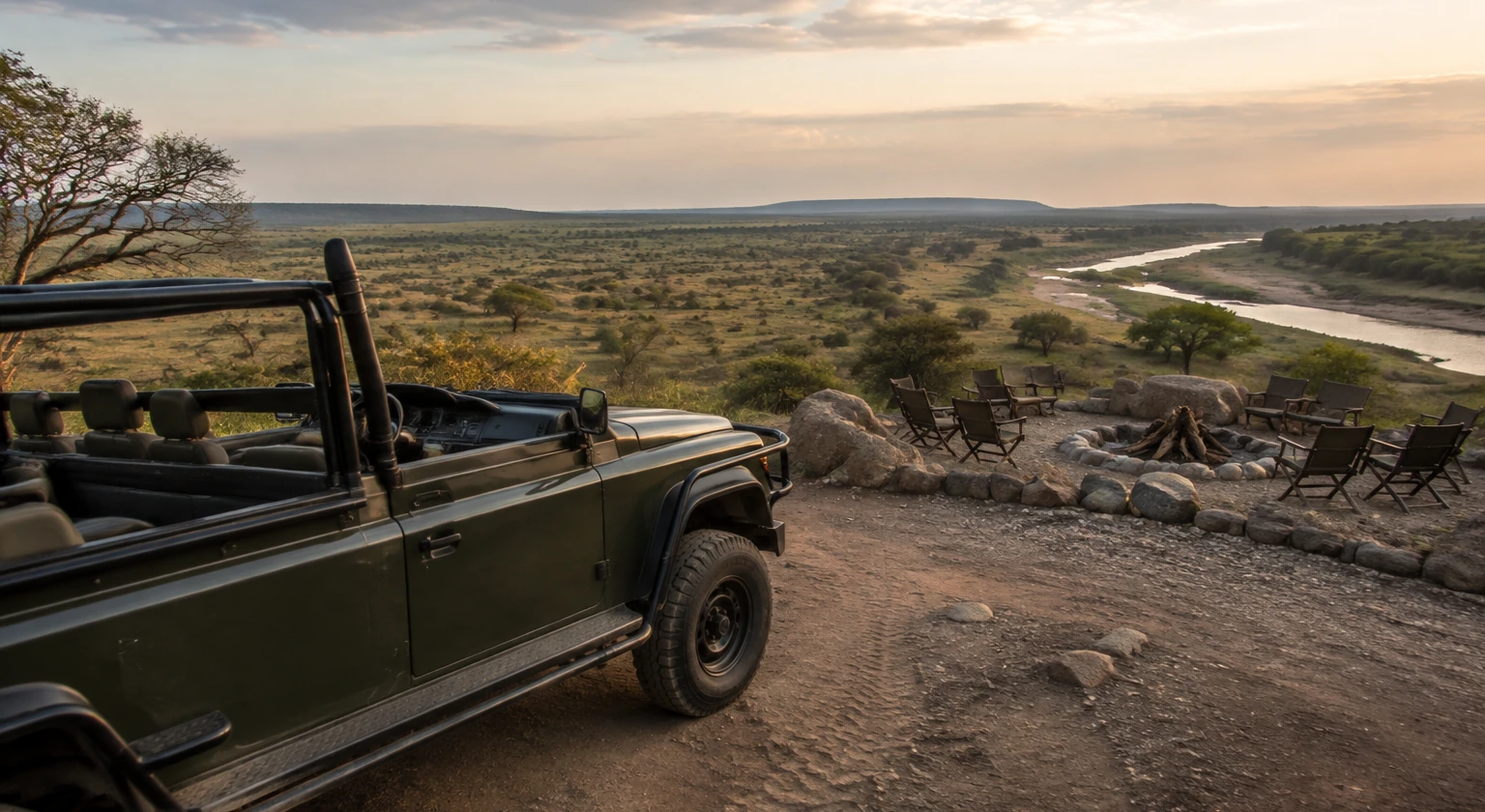 Photorealistic illustration for evaluating safari guides: setting and arrival