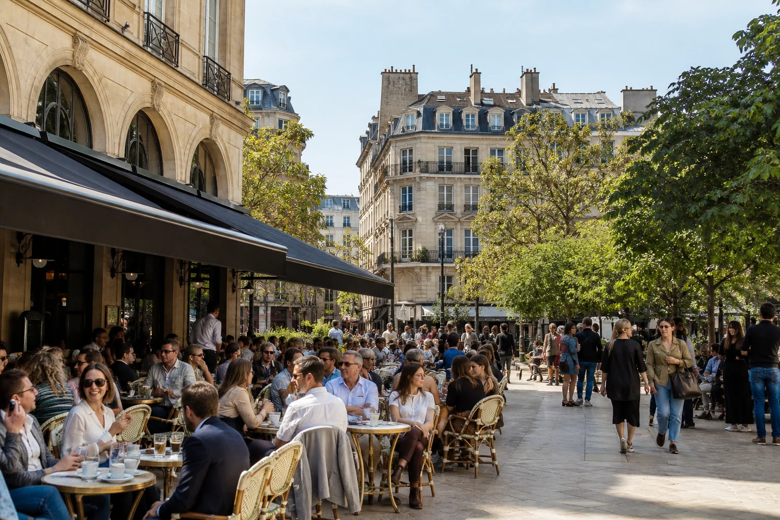Terrasse de café animée place Colette à Paris