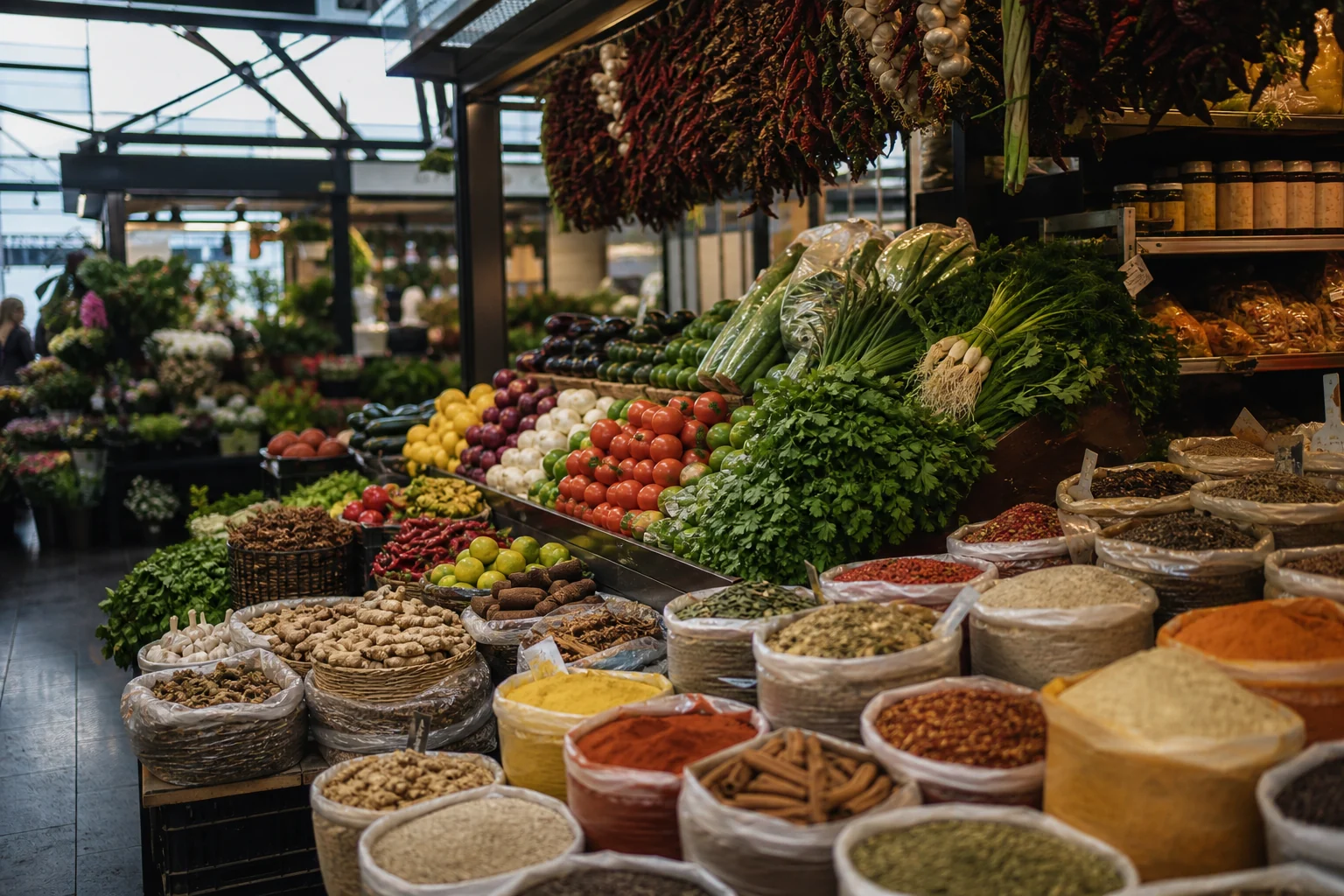 Étal d’épices et de produits dans le marché Torvehallerne à Copenhague