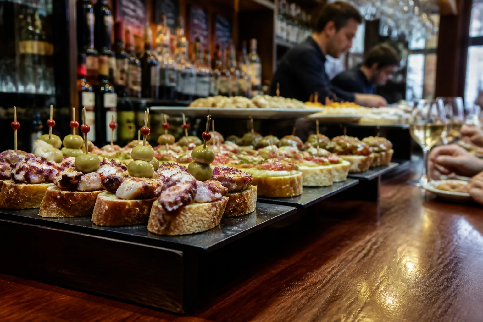 Pintxos disposés sur un comptoir de bar à Donostia-Saint-Sébastien