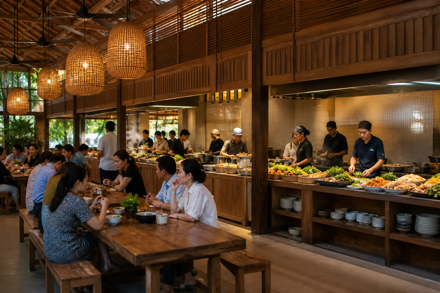 Intérieur du Seah Im Food Centre à Singapour avec stands et tables communes