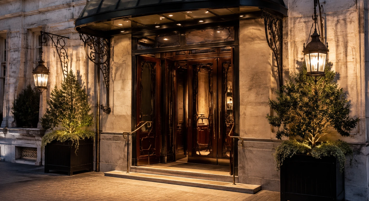Illuminated entrance to La Tour d’Argent restaurant in Paris