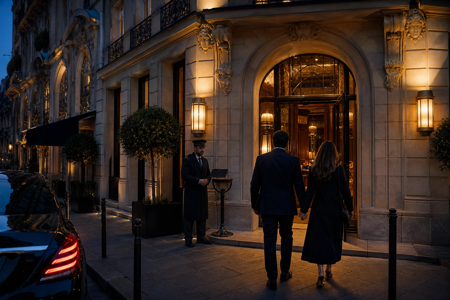 Illuminated entrance to La Tour d’Argent restaurant in Paris