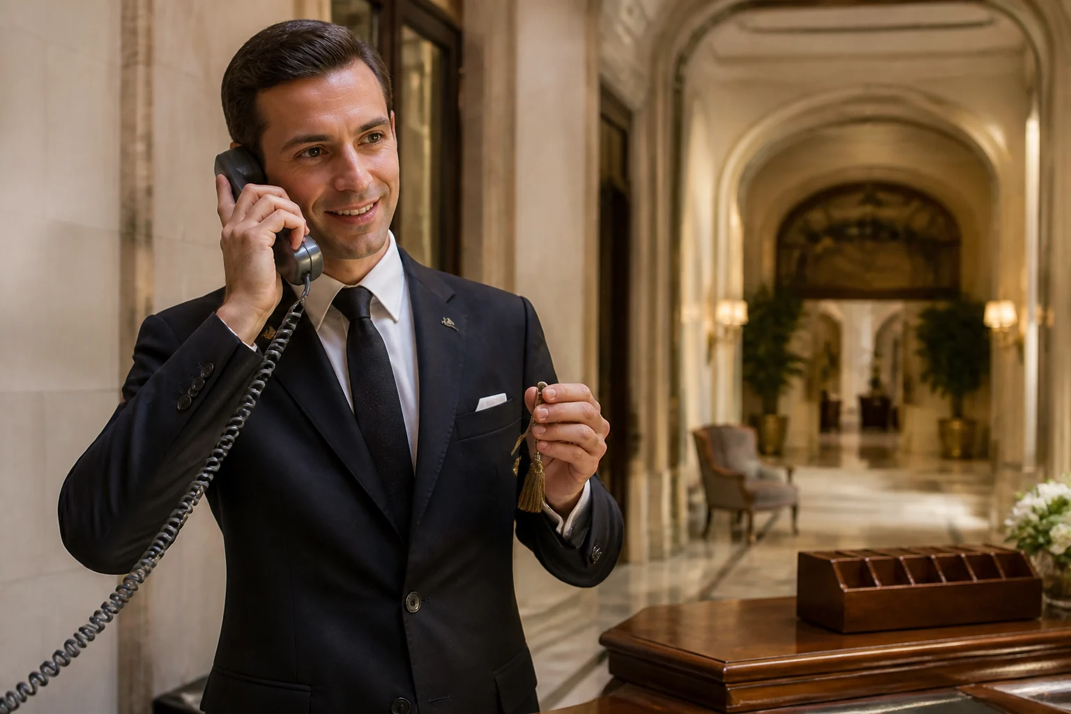 Hotel concierge in Rome holding a telephone and room key