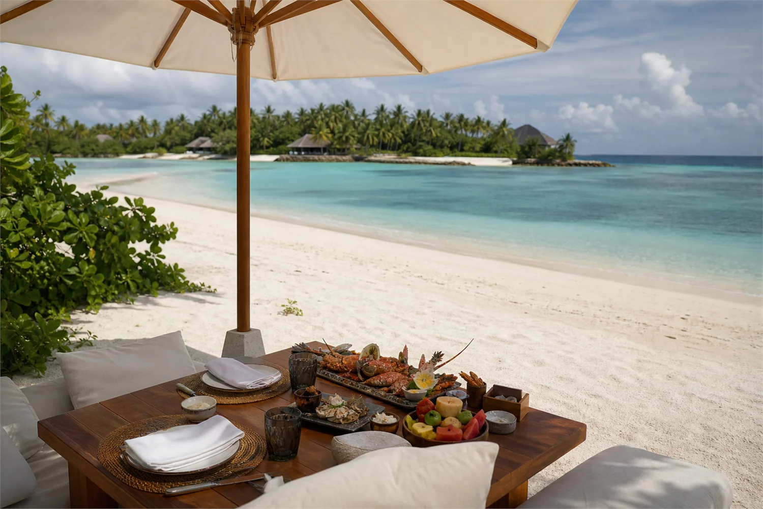 Private lunch on the beach for a honeymoon couple