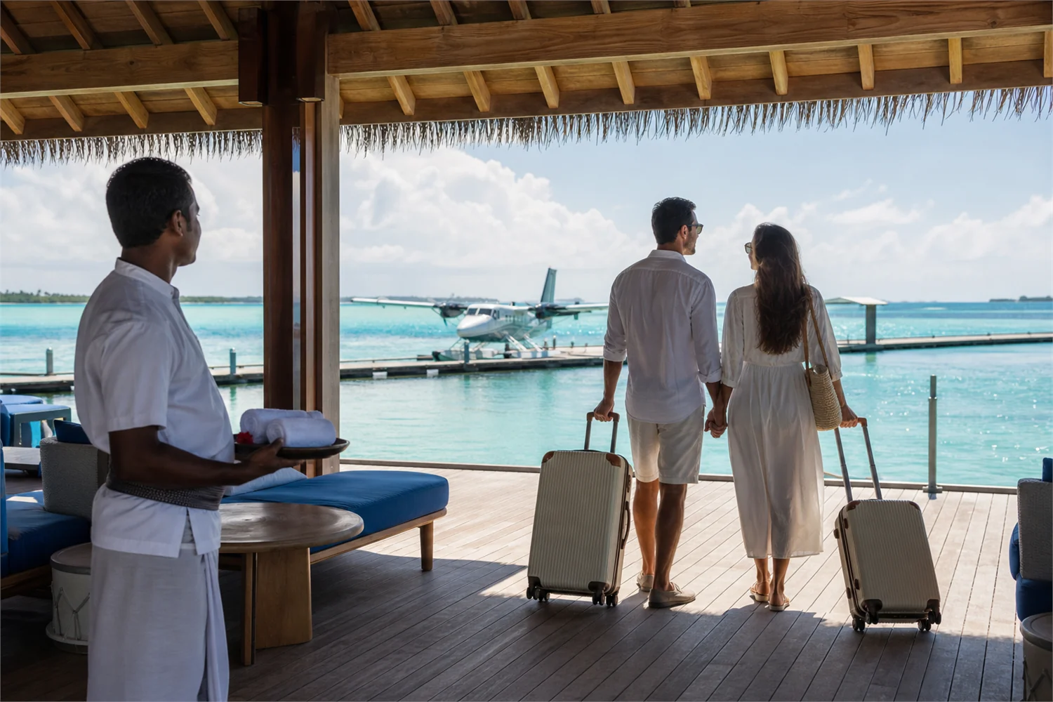 Arrive by seaplane to a Maldives resort