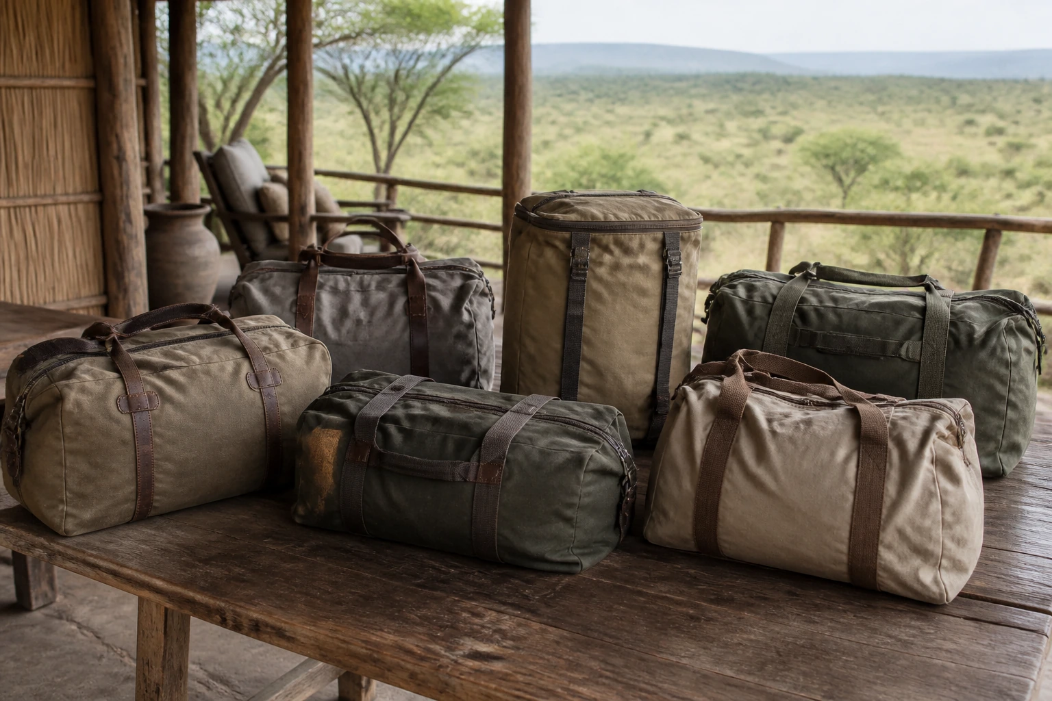 Compressible sailcloth duffels and kit bags displayed at a trade fair