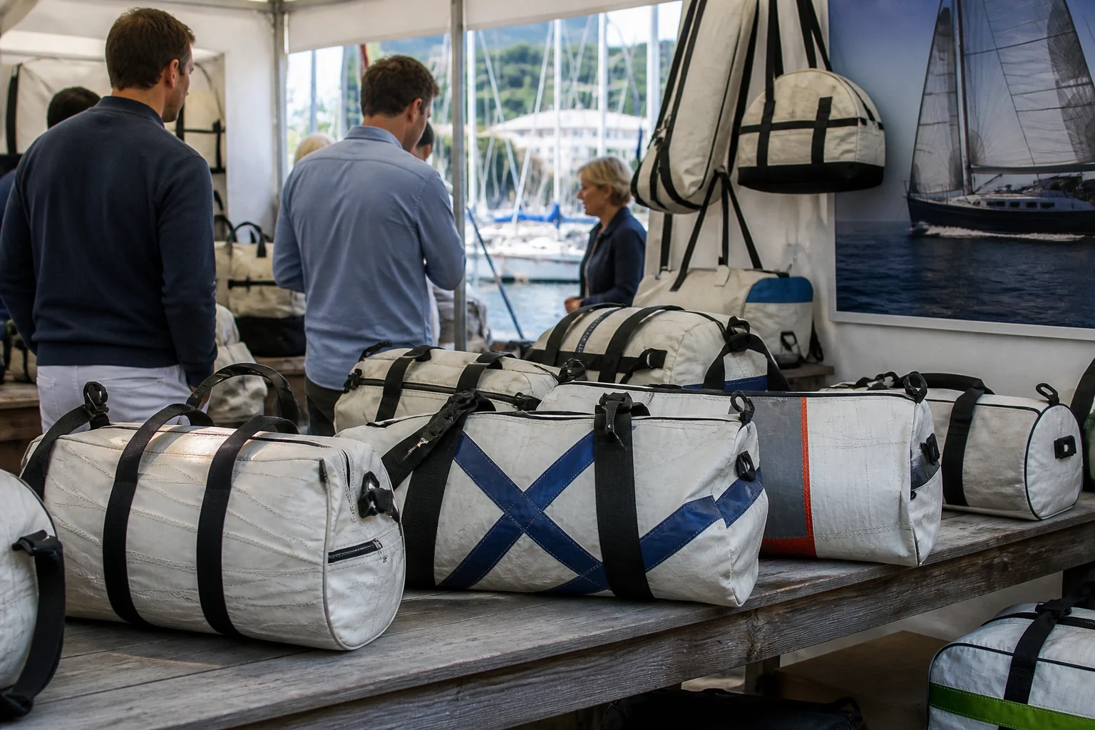 Compressible sailcloth duffels and kit bags displayed at a trade fair