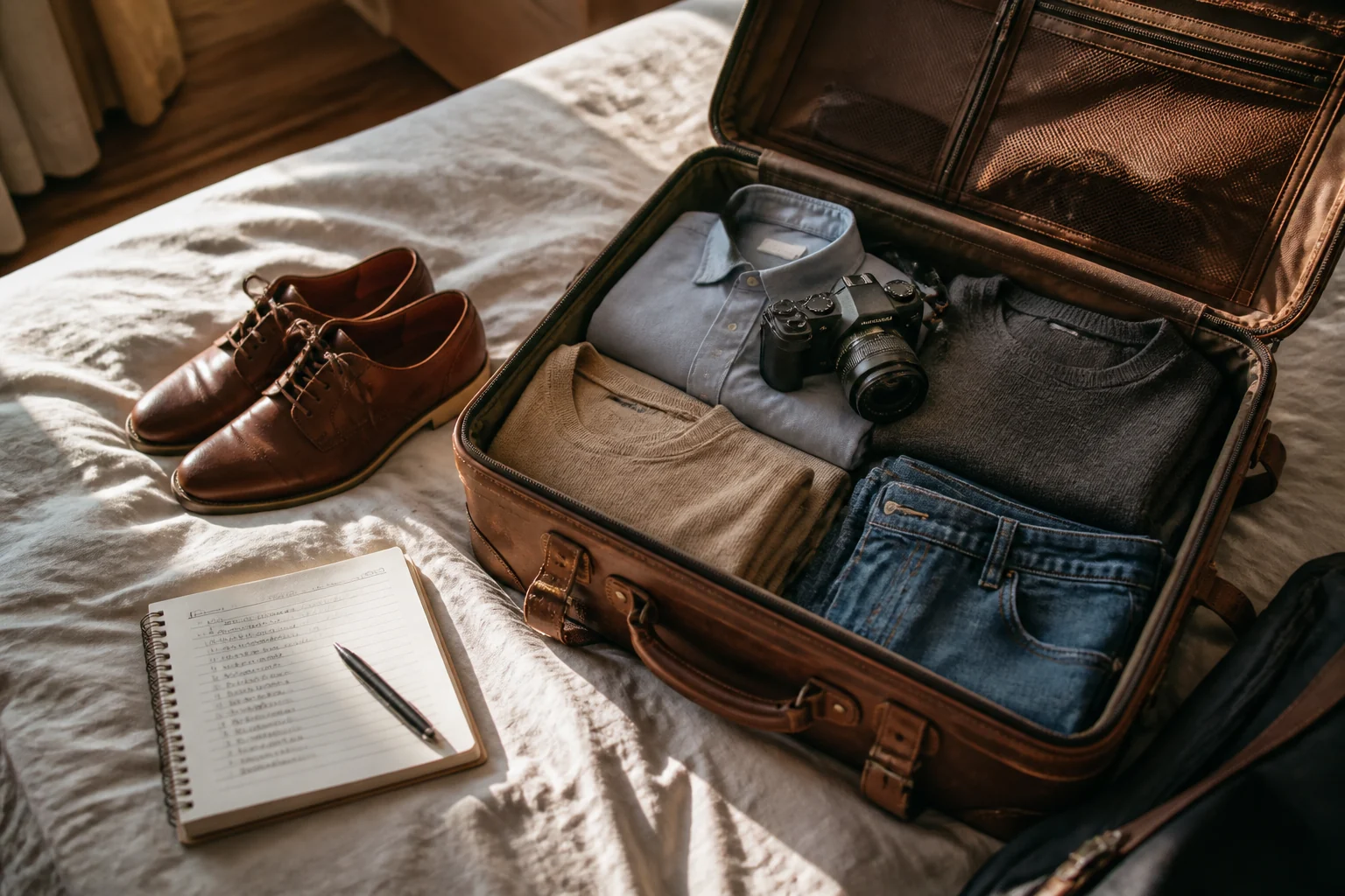 Open travel bag with clothing, shoes, camera and packing list