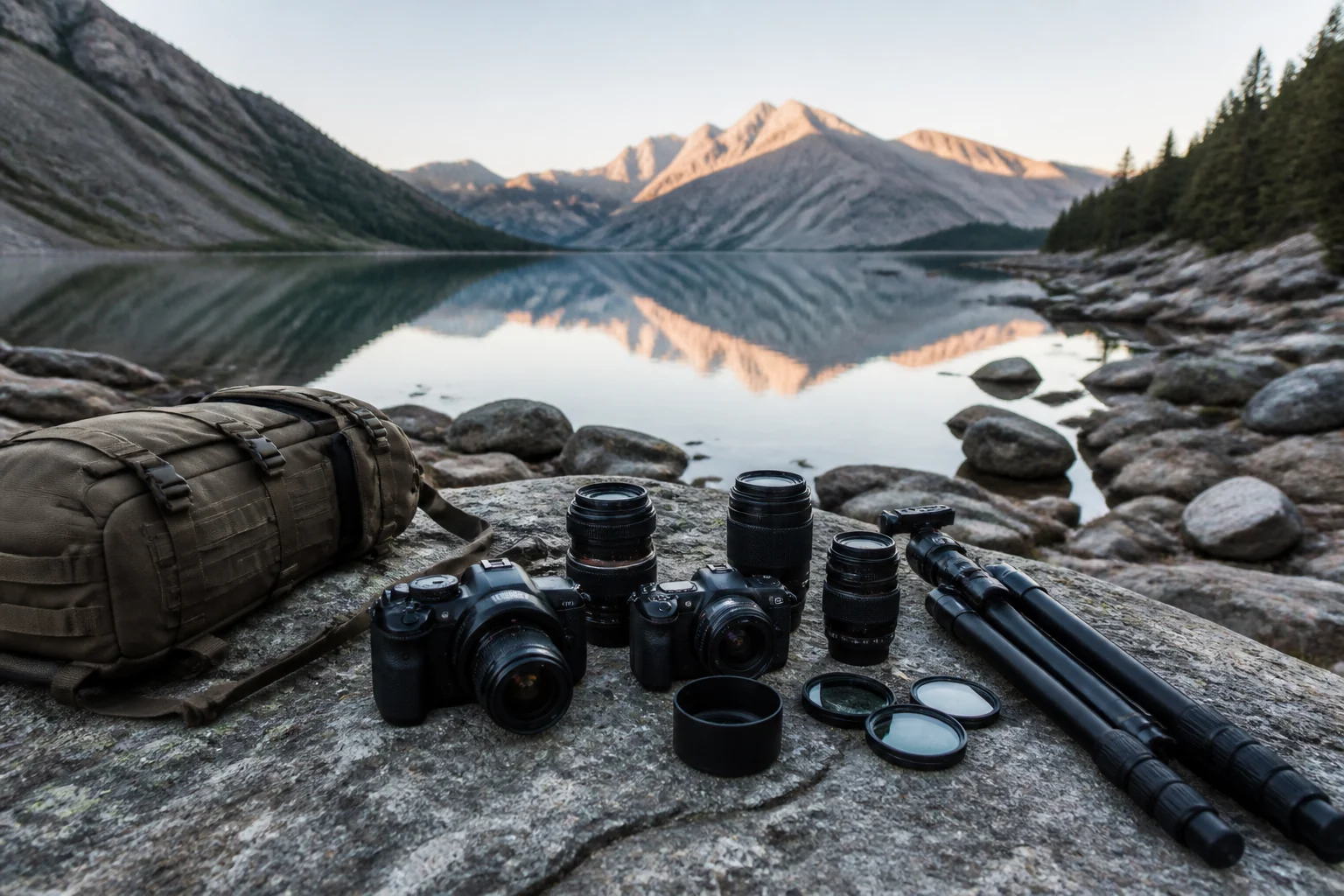 Camera kit laid out with two bodies, lenses and tripods