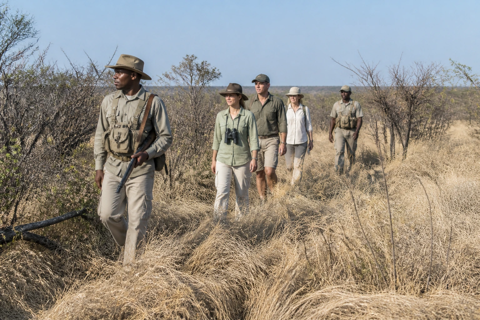 Trails guide leading a small walking-safari group through dry savannah