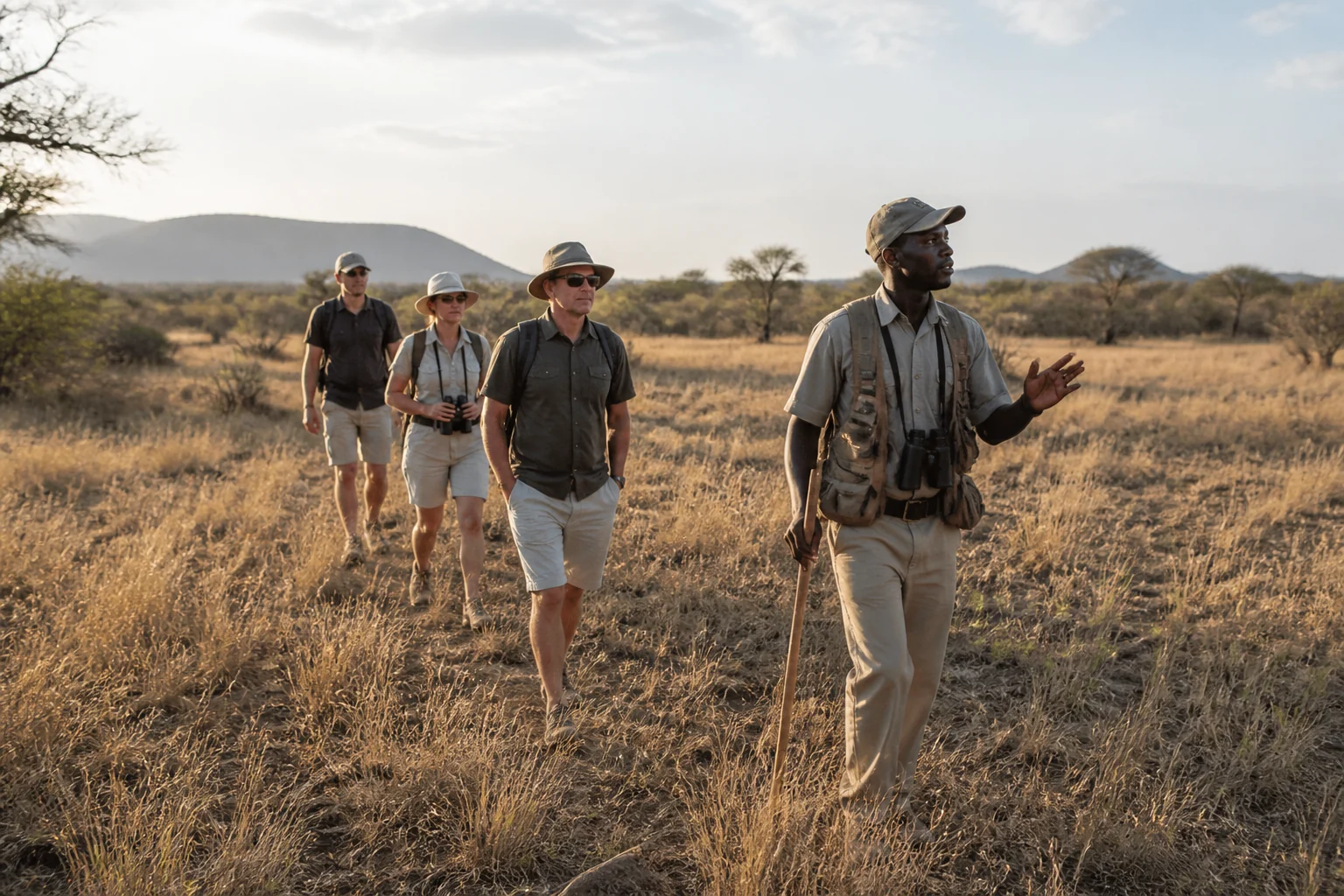 Trails guide leading a small walking-safari group through dry savannah