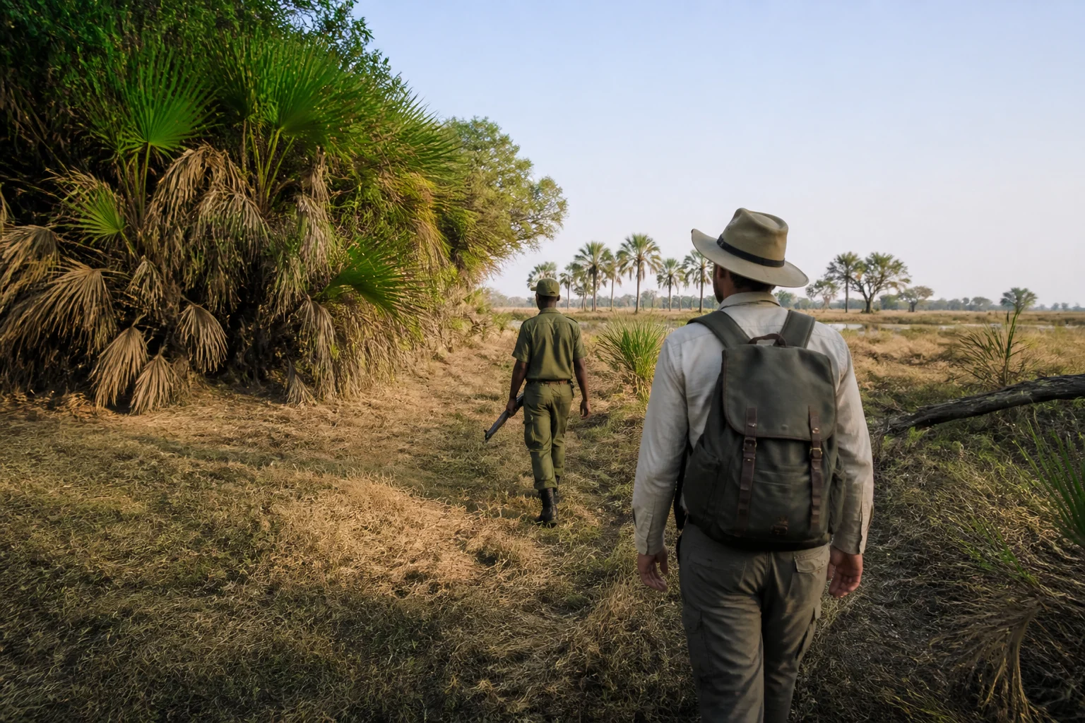 Guest following a ranger on a walking safari in Katavi National Park
