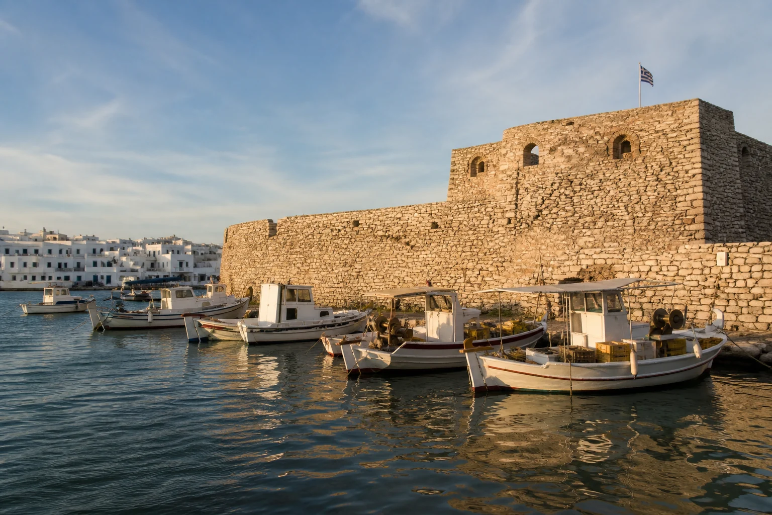 Boats beside the Venetian castle in Naoussa harbour on Paros
