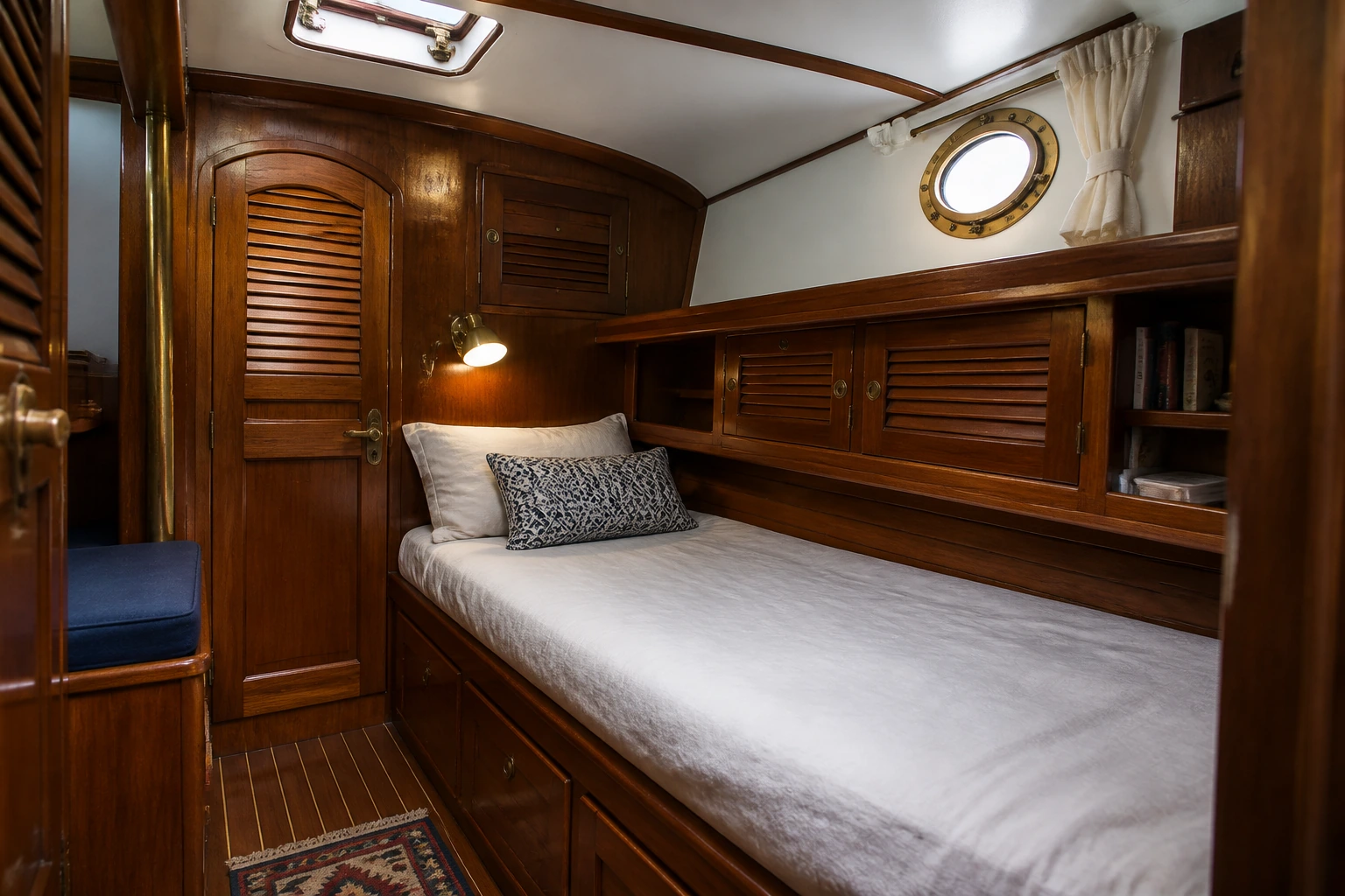 Compact single berth and cupboards inside sailing yacht Naga Pelangi
