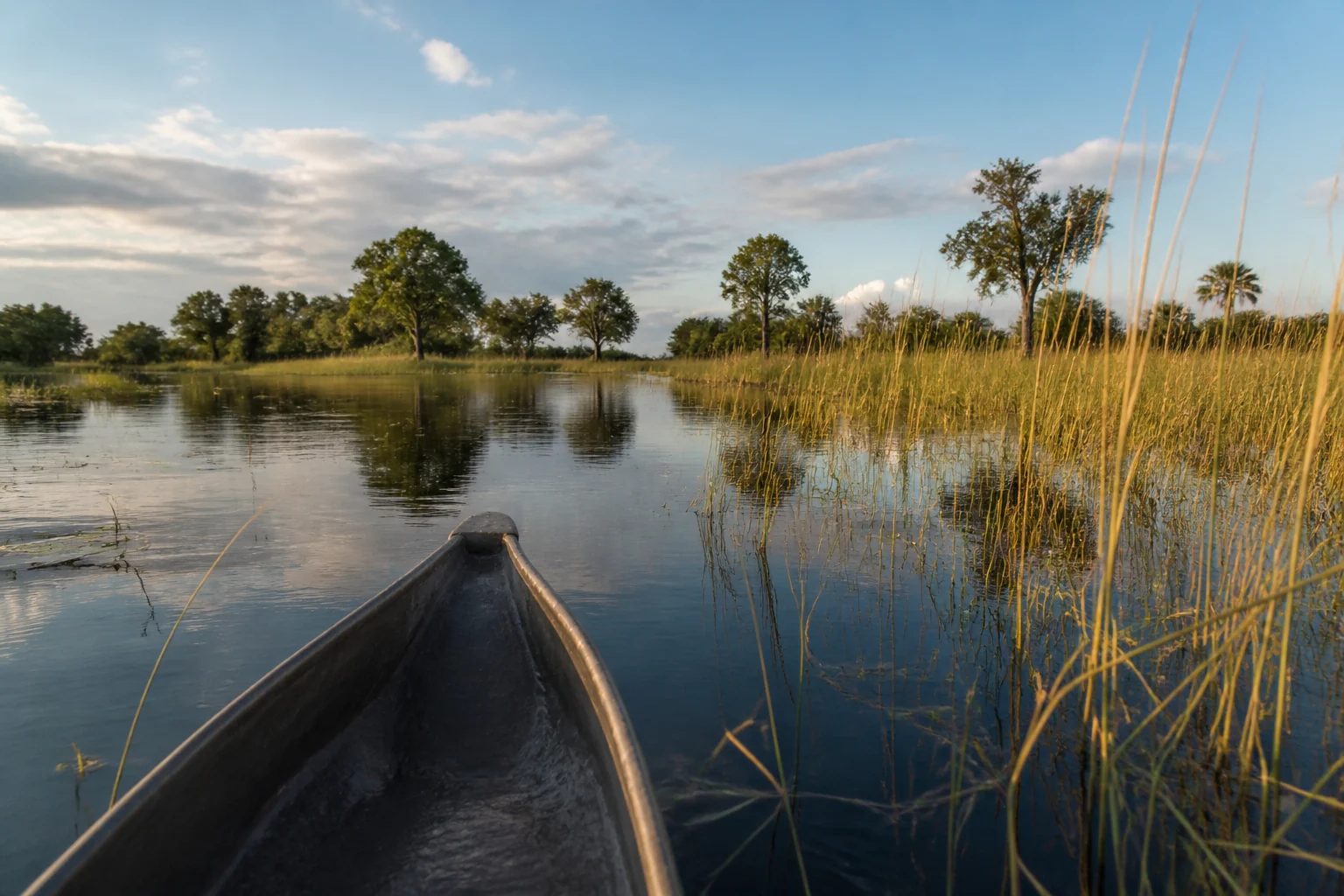Water and reeds in the Okavango Delta viewed from a mokoro