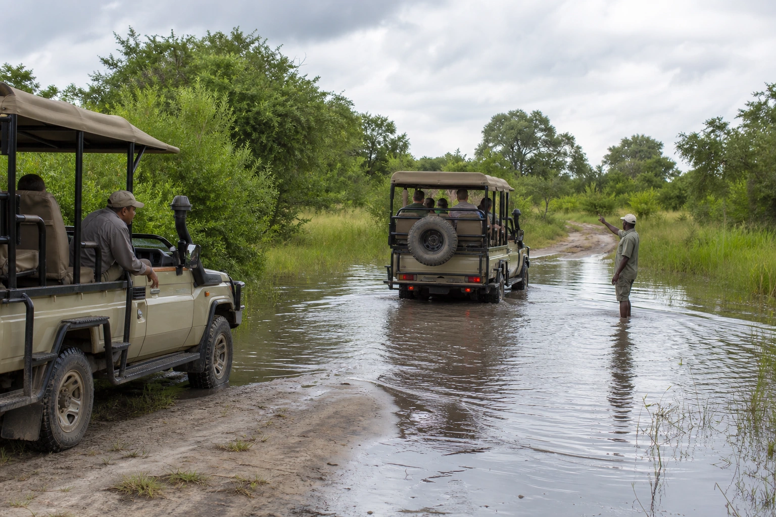 Four-wheel-drive vehicles crossing water on the Nata–Maun route in Botswana in March