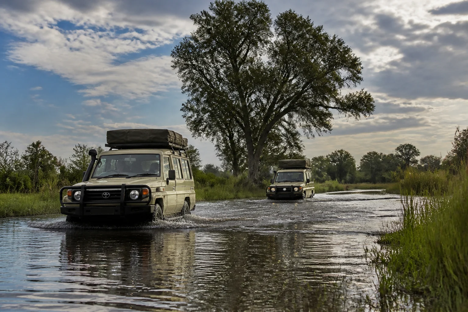 Four-wheel-drive vehicles crossing water on the Nata–Maun route in Botswana in March
