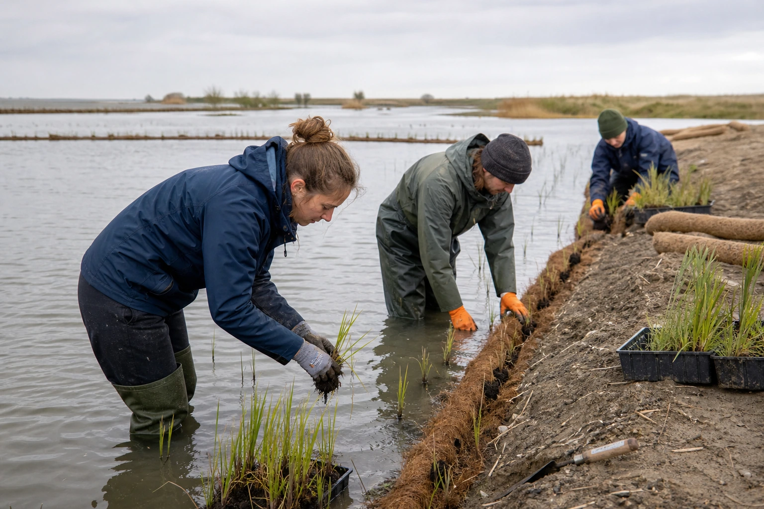 Real planting work in a wetland for a climate-adaptation project