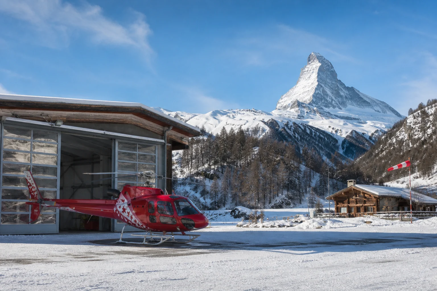 Air Zermatt base and hangar with the Matterhorn in winter