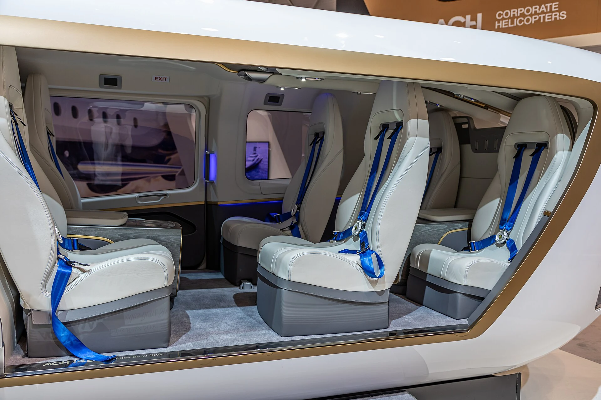 Real Airbus Corporate Helicopters cabin mock-up with individual seats and harnesses at EBACE 2019