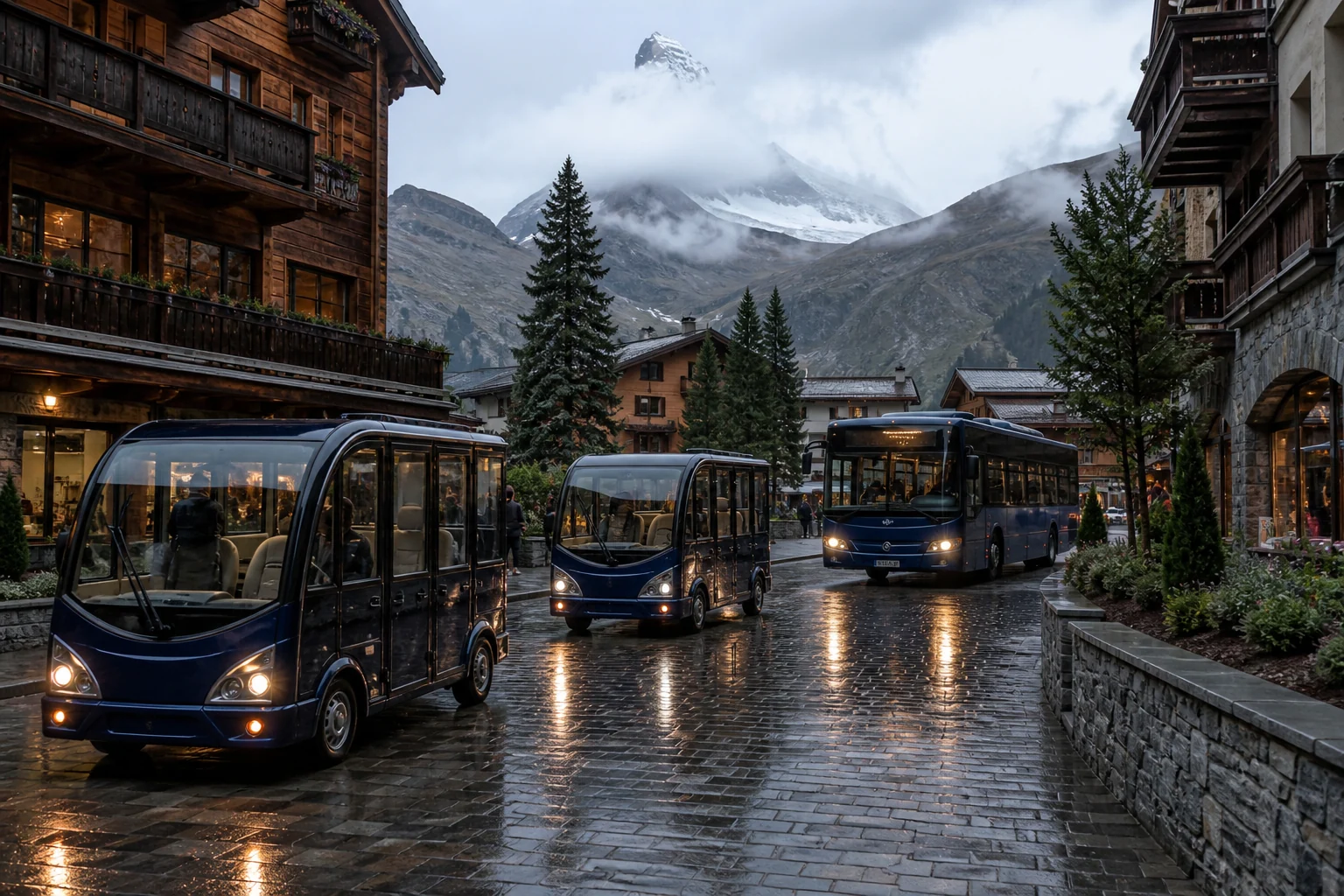 Electric taxis and an electric bus in rainy, car-free Zermatt
