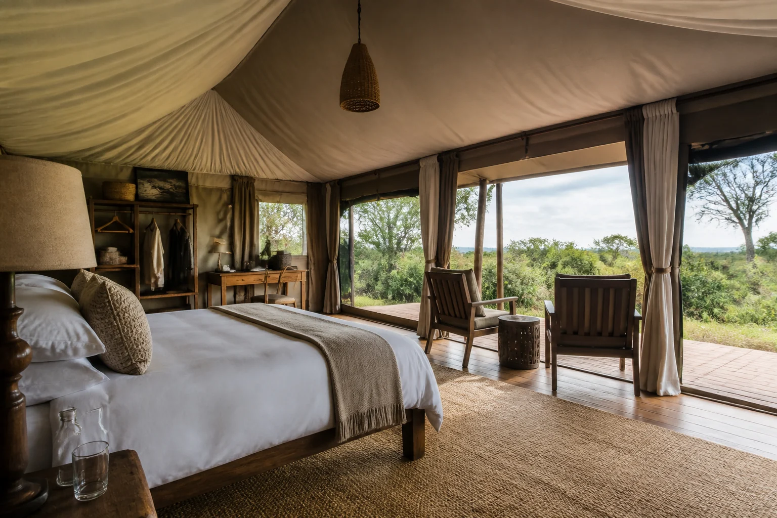 Interior of a spacious safari tent at Il Moran Camp in the Masai Mara