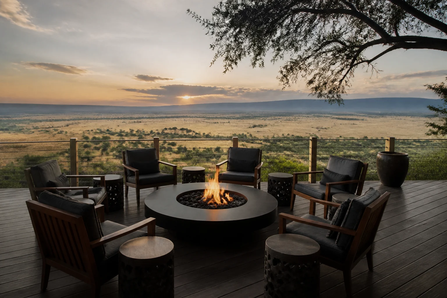 Angama Mara deck with firepit and a broad view across the Mara