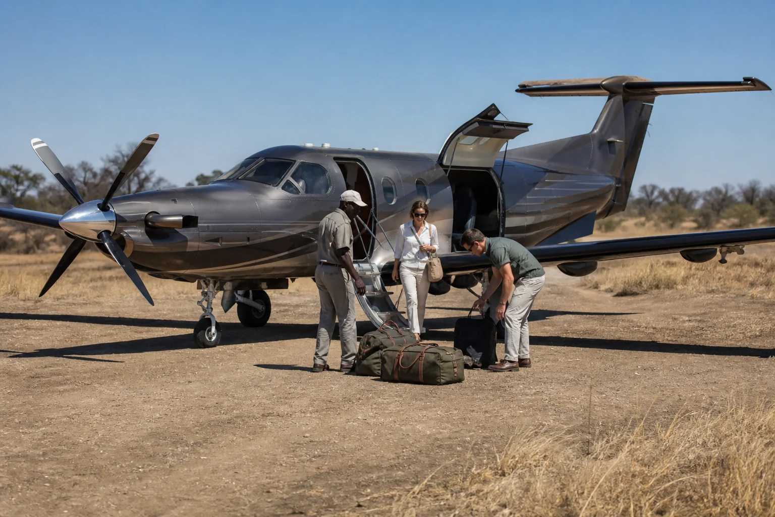 Pilatus PC-12 unloading guests and soft bags on an Okavango airstrip