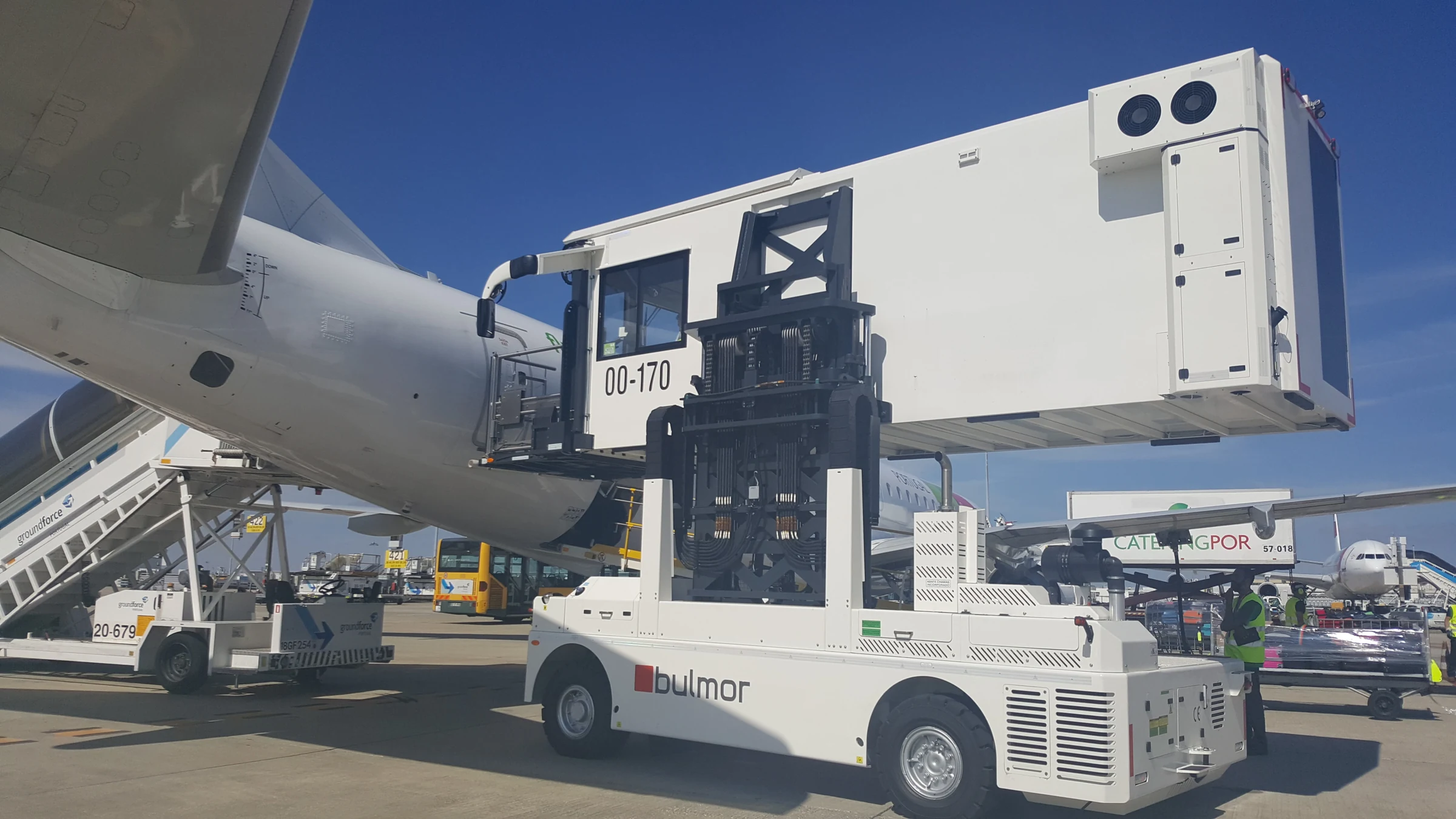 Passagier-Hublift auf dem Flughafenvorfeld an einem Flugzeug