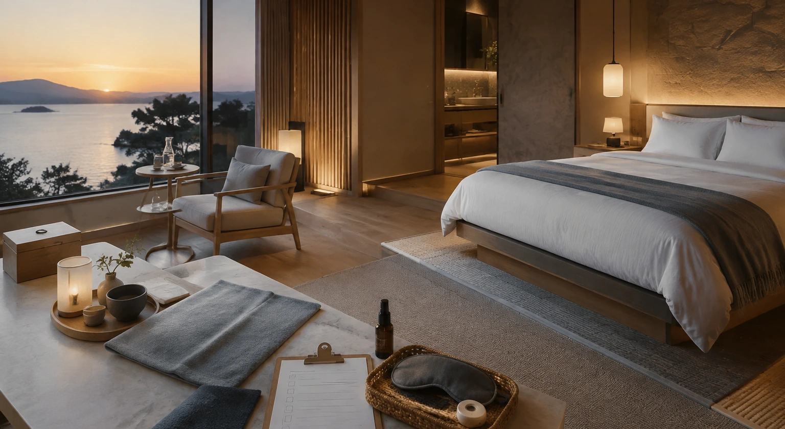 Photorealistic illustration for hotel sleep program booking checklist: setting and arrival
