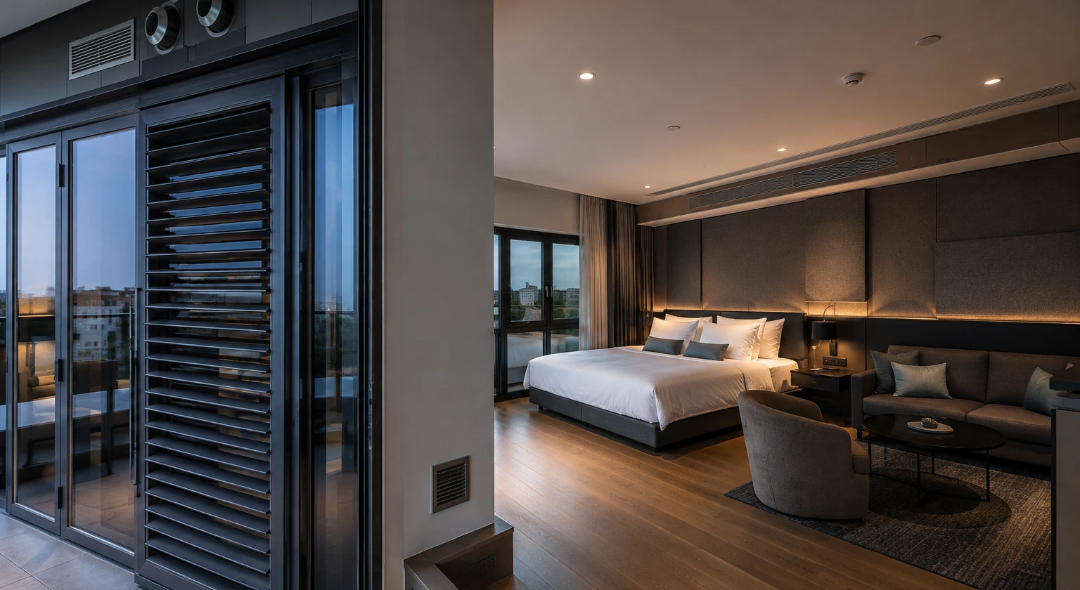 Photorealistic illustration for hotel sleep program booking checklist: accommodation and physical layout